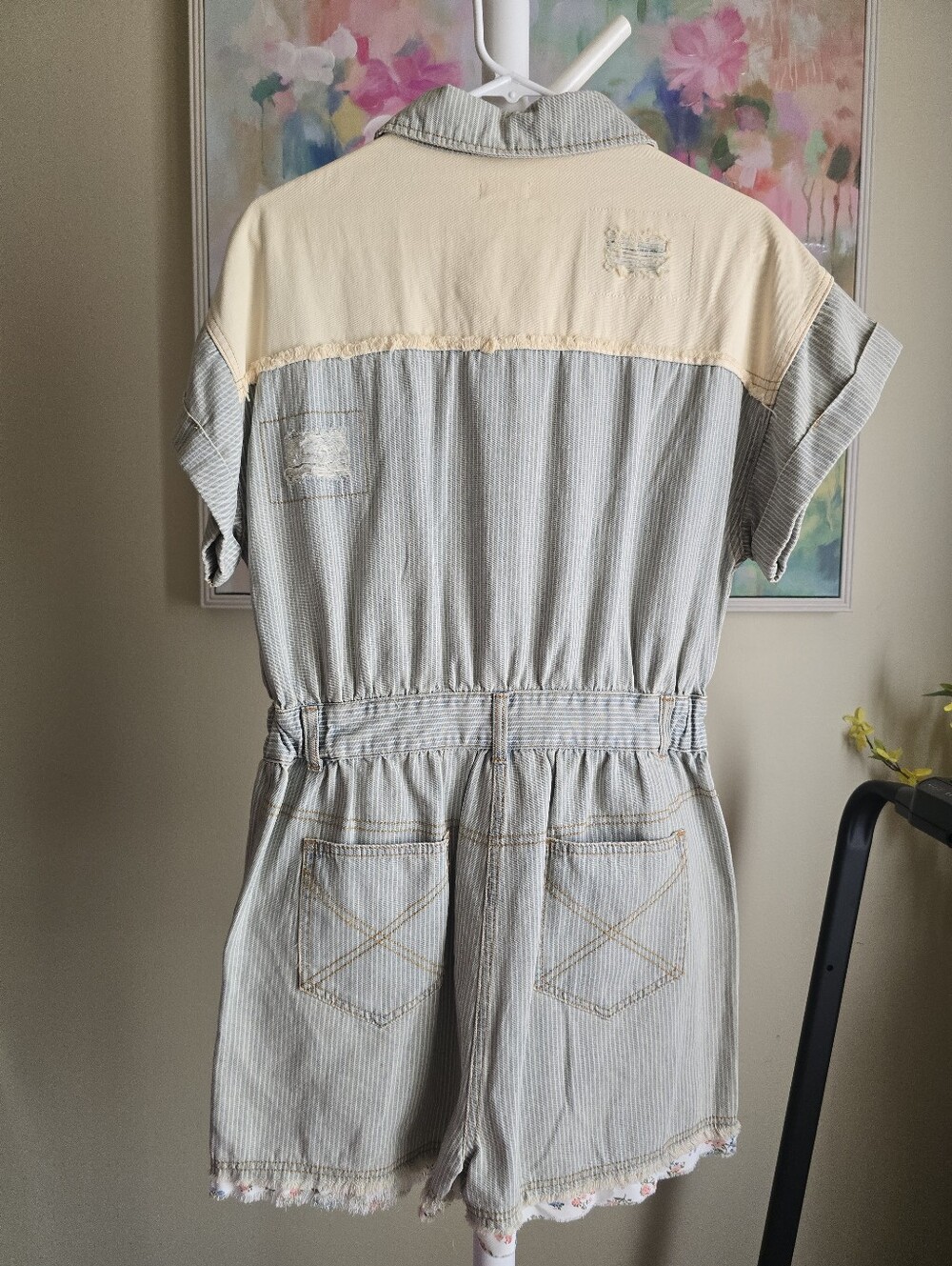 POL Striped Denim Patchwork Floral Embroidered Utility Romper Small NWOT - Picture 4 of 6